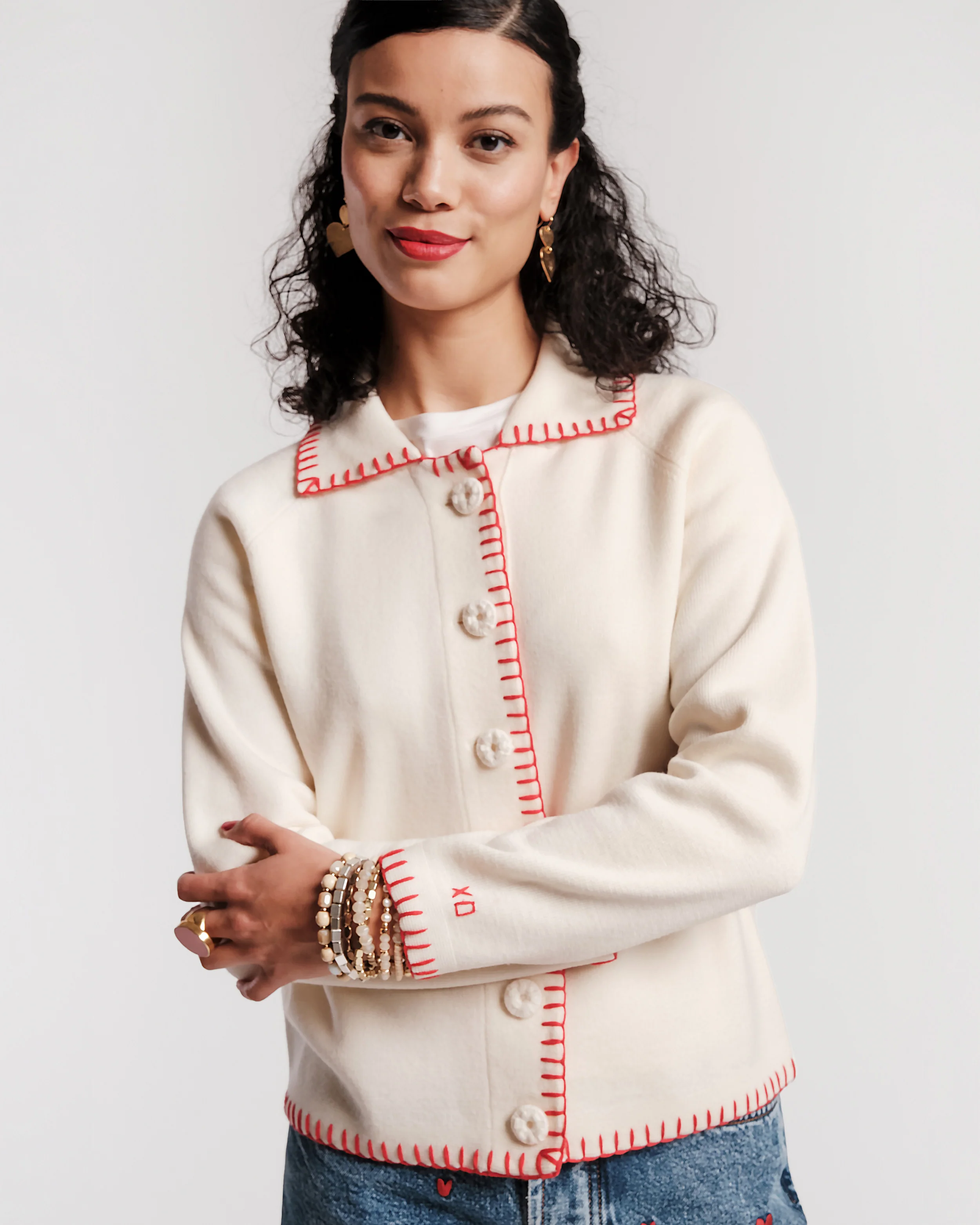 Babs Blanket Stitch Cardigan - Oyster - Image 3