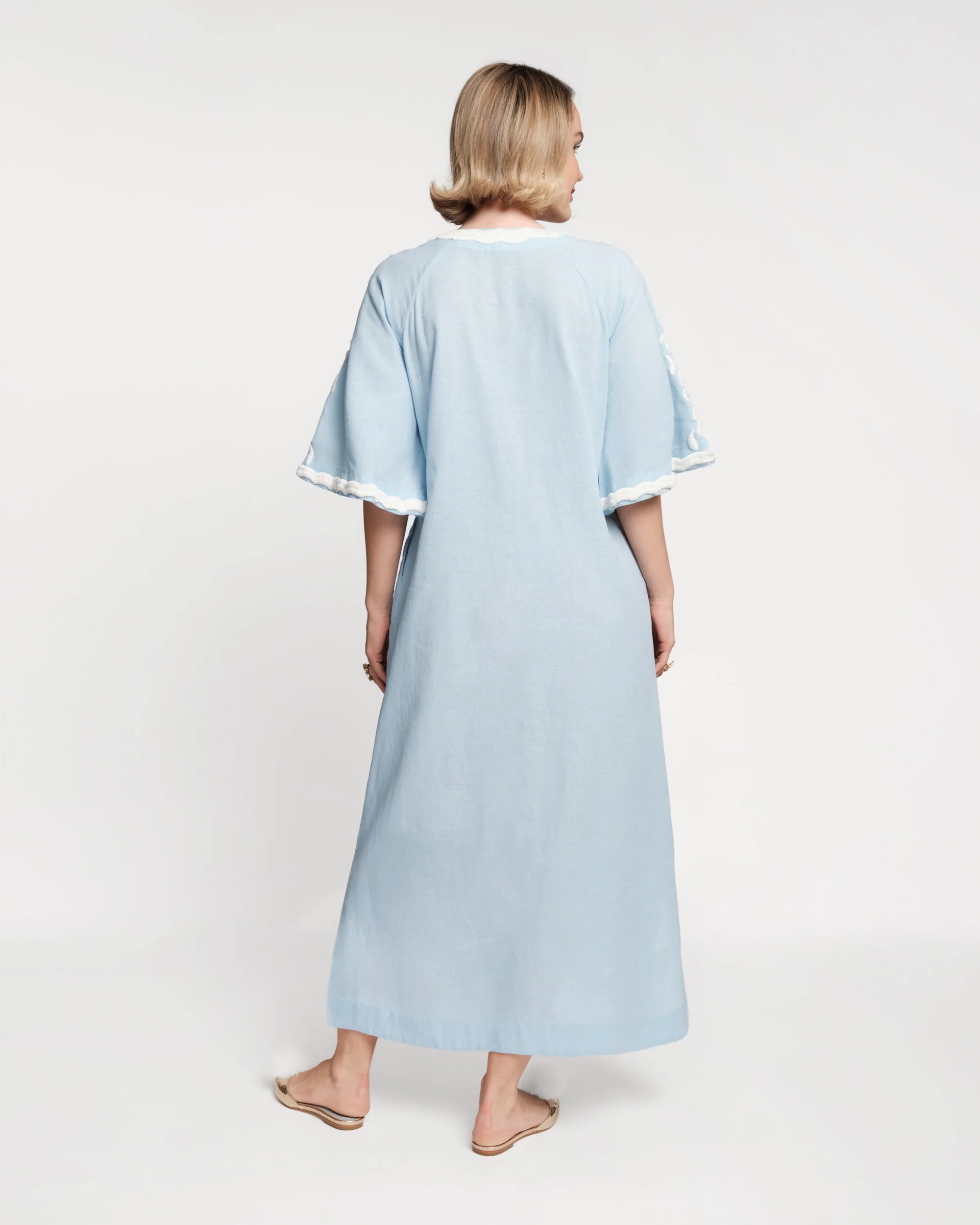 Embroidered Peacock Charming Caftan - Light Blue/Oyster - Image 4