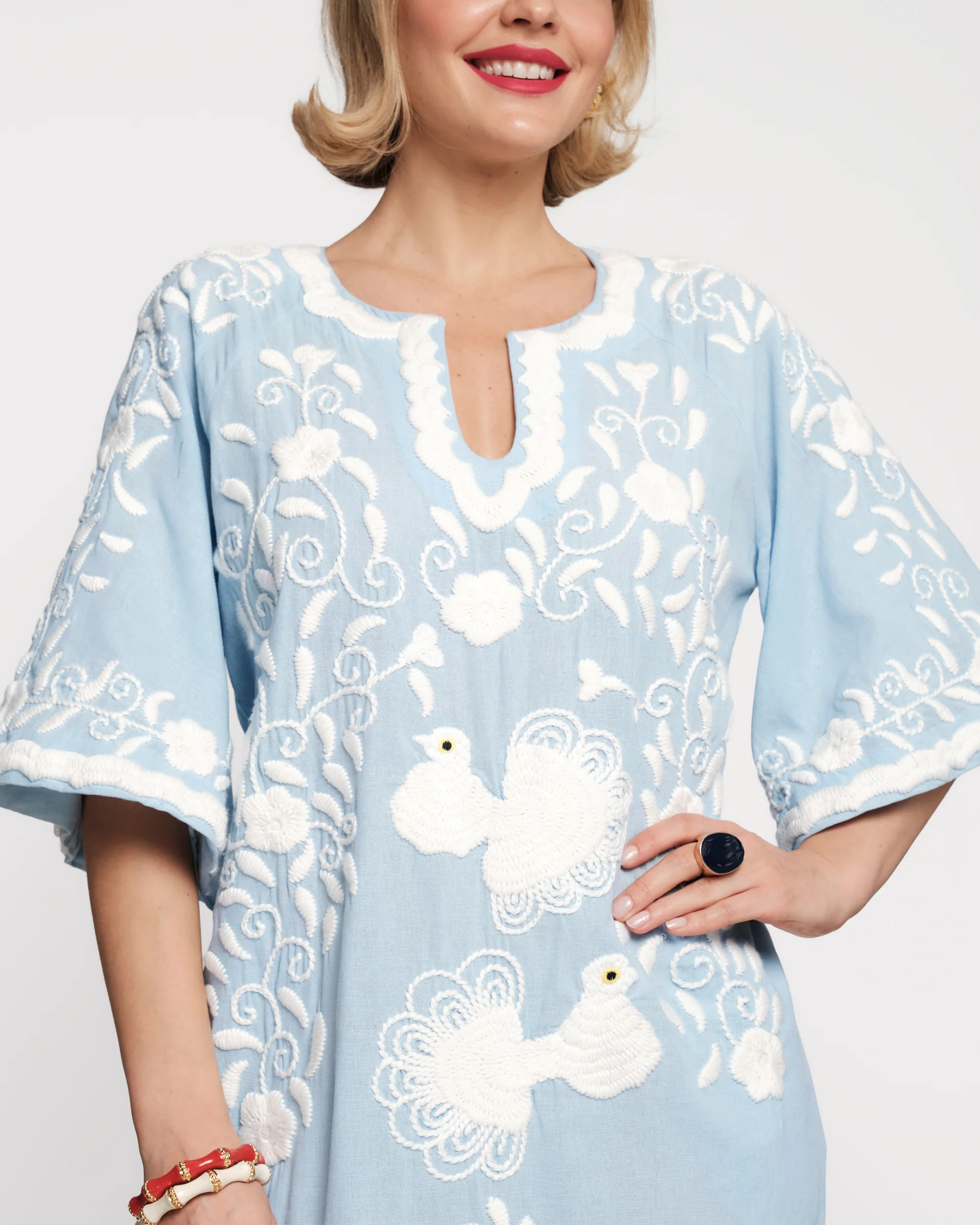 Embroidered Peacock Charming Caftan - Light Blue/Oyster - Image 5