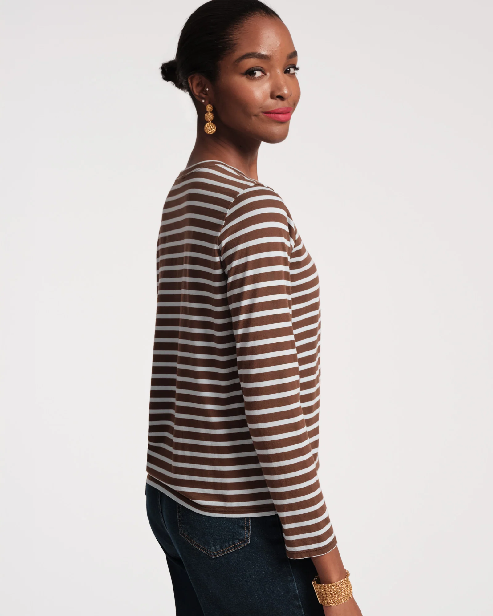 Long Sleeve Striped T Shirt - Brown Blue - Image 3